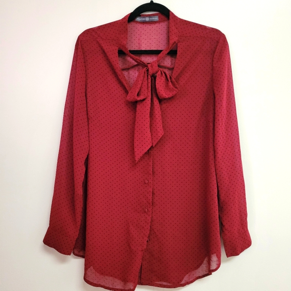 Burgandy and Black Polka Dot Sheer Tie Button Up Blouse size XL